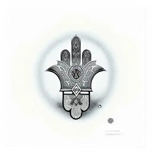 Hamsa symbol with a window looking out into mushrooms tattoo design idea