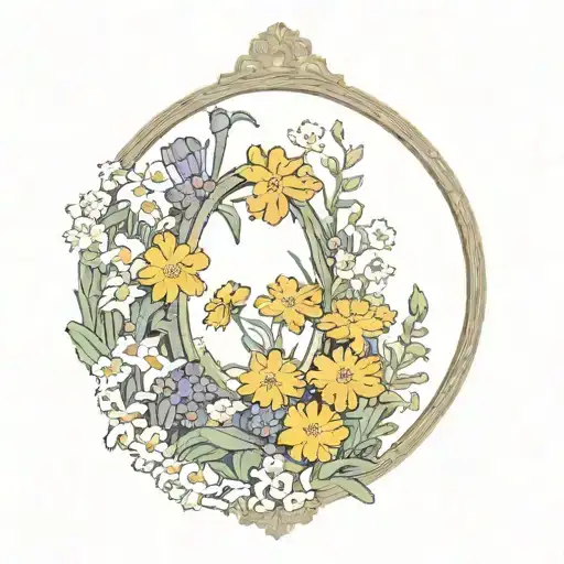 vintage mirror surrounded by marigolds, daisies, larkspur, honeysuckle , and narcissus flowers tattoo design idea