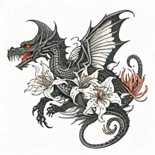 middle sized tatoo with a black dragon and red spider lilies  tattoo design idea