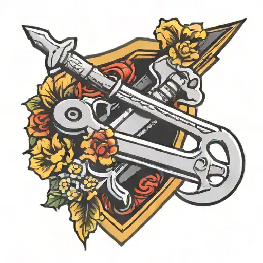 wrench and saw crossed on a shield infront of a flower and hammer crossed tattoo design idea