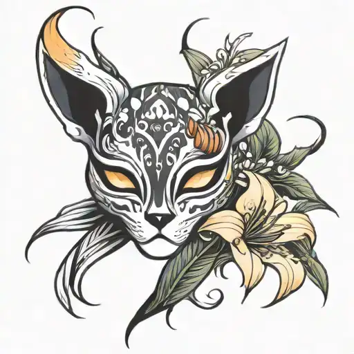 Kitsune Mask and Spider Lily Flowers tattoo design idea