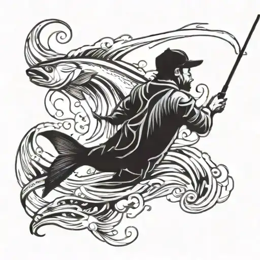 Snook fish jumping out of the water with a fishing rod in hand tattoo design idea