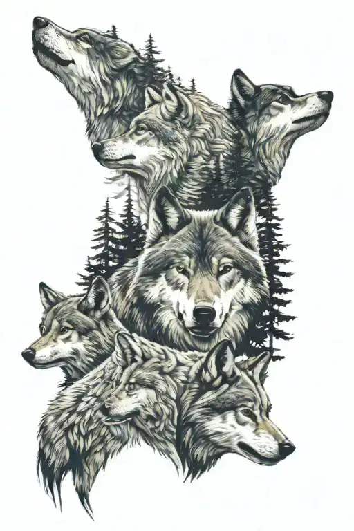 Two adult wolves and two young wolves with a fir forest in the background tattoo design idea