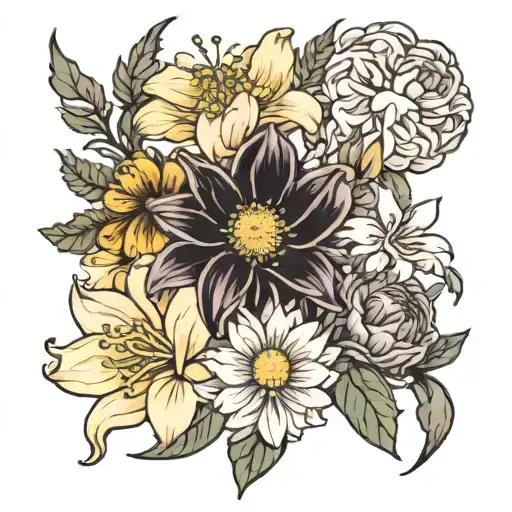 birth flowers bouquet: chrysanthemum, lily, daisy, rose, gladiolus  tattoo design idea