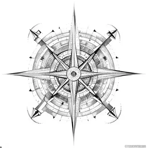 A compass rose with lines and circles, surrounded by snow-capped mountains tattoo design idea