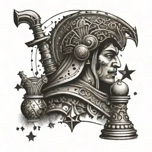 A Mexican American warrior with chess pieces integrated into his armor, surrounded by stars and planets tattoo design idea