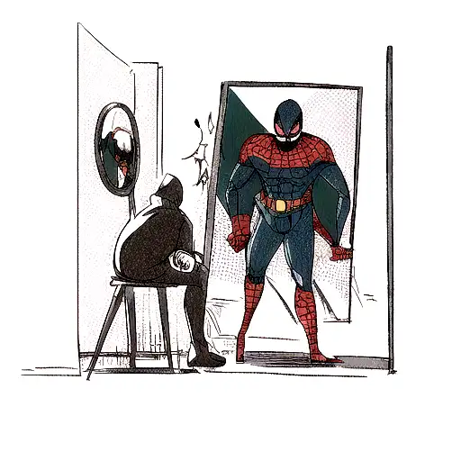 batman looking into a mirror and seeing spiderman tattoo design idea