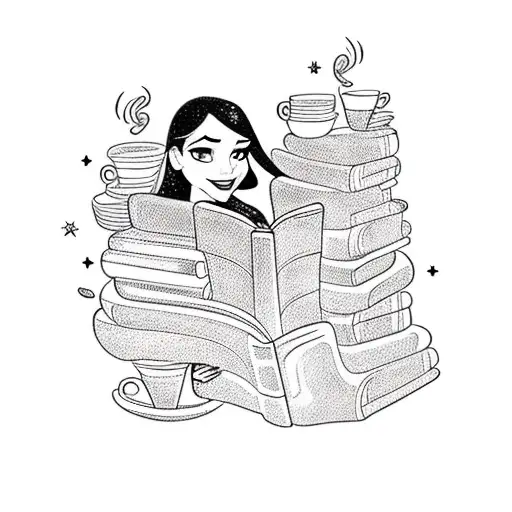 A Disney princess reading a book surrounded by coffee cups tattoo design idea