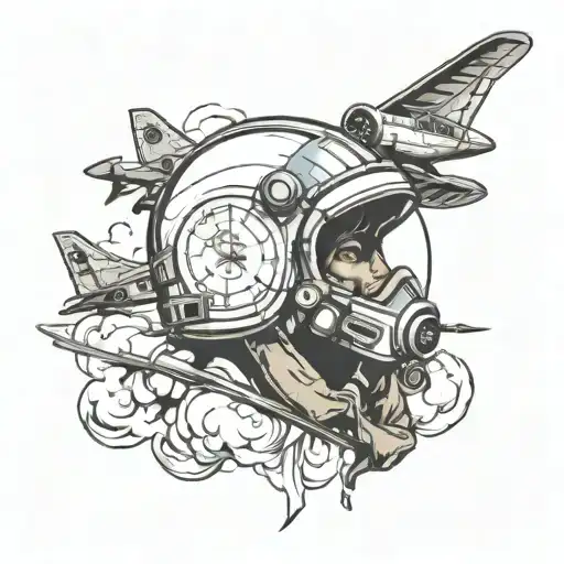 Create an aviation themed tattoo idea for the left arm, where the top is a fighter pilot helmet, there's planes below it tattoo design idea