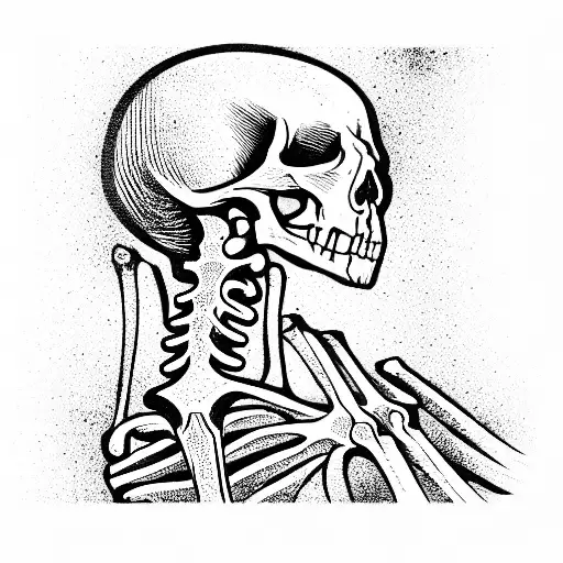 woodcut skeleton with backpack tattoo design idea