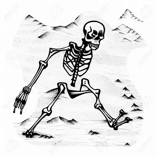 woodcut skeleton hiking with backpack tattoo design idea