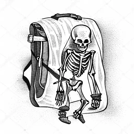 woodcut skeleton hiking with backpack tattoo design idea