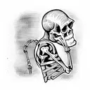 woodcut skeleton with backpack tattoo design idea