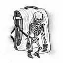 woodcut skeleton hiking with backpack tattoo design idea