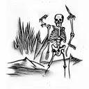 woodcut skeleton hiking with backpack tattoo design idea
