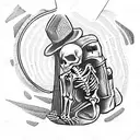 woodcut skeleton hiking with backpack tattoo design idea