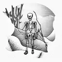 woodcut skeleton hiking with backpack tattoo design idea
