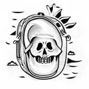 woodcut skeleton hiking with backpack tattoo design idea