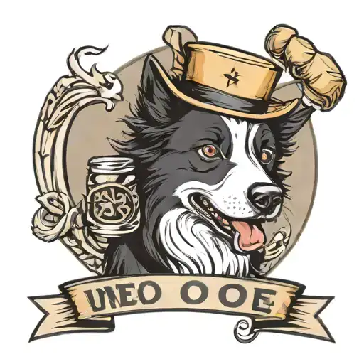 A tattoo design of a Border Collie wearing a backwards hat and boxing gloves with a banner that says "Underdog" tattoo design idea