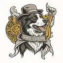 A tattoo design of a Border Collie wearing a backwards hat and boxing gloves with a banner that says "Underdog" tattoo design idea