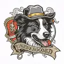 A tattoo design of a Border Collie wearing a backwards hat and boxing gloves with a banner that says "Underdog" tattoo design idea