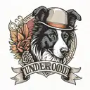 A tattoo design of a Border Collie wearing a backwards hat and boxing gloves with a banner that says "Underdog" tattoo design idea