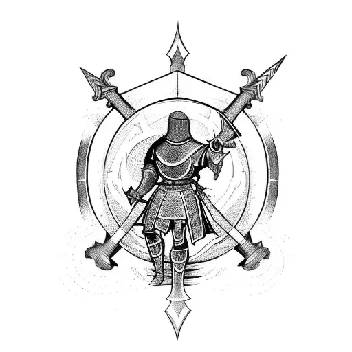 An impressive Blackwork tattoo design featuring a medieval-style knight in combat pose, holding his sword downward. The  tattoo design idea