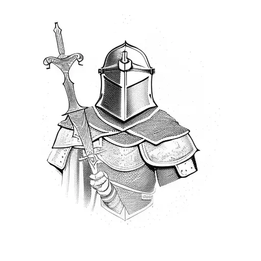 An illustration in Blackwork style of a brave medieval knight in full armor with a sword in his right hand. The sword sh tattoo design idea