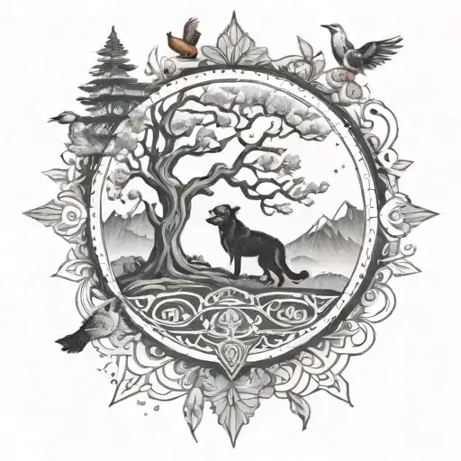 7 chakras, tree of life, rudraksha, dog, birds, mountains tattoo design idea