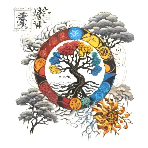 7 chakras, tree of life, rudraksha, mountains rising Phoenix from fire tattoo design idea