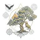 7 chakras, tree of life, rudraksha, dog, birds, mountains tattoo design idea