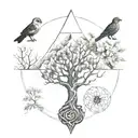 7 chakras, tree of life, rudraksha, dog, birds, mountains tattoo design idea