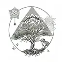 7 chakras, tree of life, rudraksha, dog, birds, mountains tattoo design idea