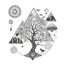 7 chakras, tree of life, rudraksha, dog, birds, mountains tattoo design idea