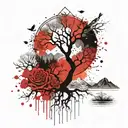 7 chakras, tree of life, rudraksha, dog, birds, mountains tattoo design idea