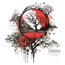 7 chakras, tree of life, rudraksha, dog, birds, mountains tattoo design idea