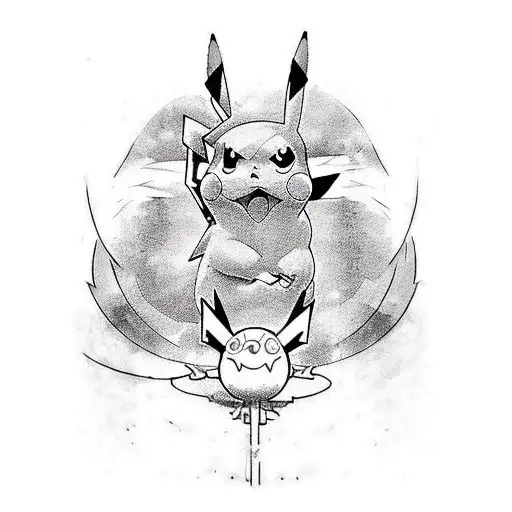 pikachu üzerinden bir şimşek geçiyor ve şimşeğin olduğu kısım renkli, diğer kısımlar siyah beyaz tattoo design idea