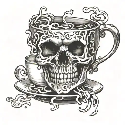 A surrealistic scene of a steaming cup of coffee morphing into a heavy metal skull, with the words 'Sober Life' subtly hidden in the steam tattoo design idea