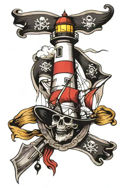 Lighthouse and pirate flag intertwined tattoo design idea