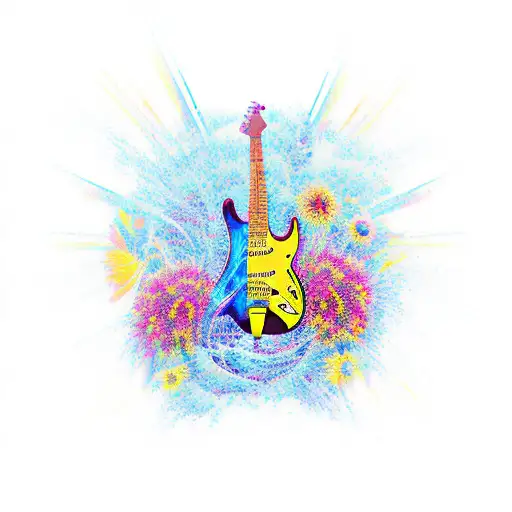 An electric guitar surrounded by vibrant desert flowers tattoo design idea