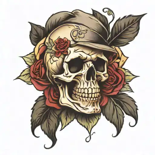 skull and roses blooming tattoo design idea