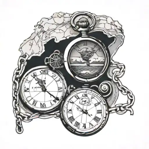 A map of Kitty Hawk integrated into a pocket watch design, symbolizing the client's love for the location tattoo design idea