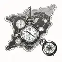 A detailed map of Kitty Hawk, North Carolina with a vintage pocket watch overlaying it tattoo design idea