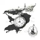 A detailed map of Kitty Hawk, North Carolina with a vintage pocket watch overlaying it tattoo design idea