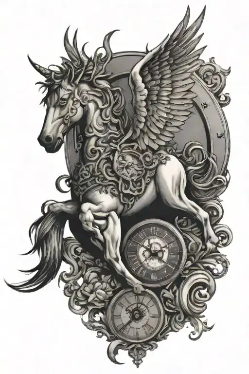 Forearm tattoo with a clock and Pegasus from greekmythology and some other cool animal  tattoo design idea