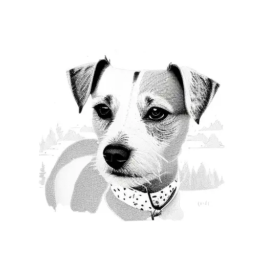 a pixelated jack russell terrier surrounded by lush forest scenery tattoo design idea