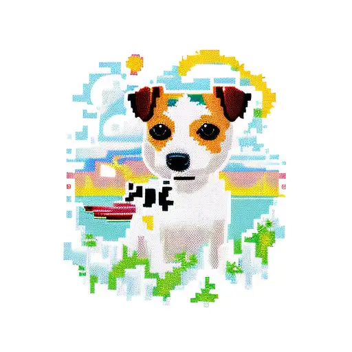 a pixelated jack russell terrier surrounded by lush forest scenery tattoo design idea