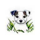 a pixelated jack russell terrier surrounded by lush forest scenery tattoo design idea