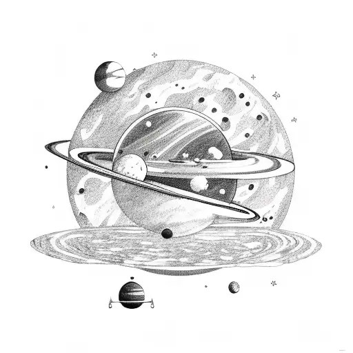 Astronaut floating among planets tattoo design idea