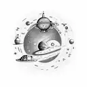 Astronaut floating among planets tattoo design idea